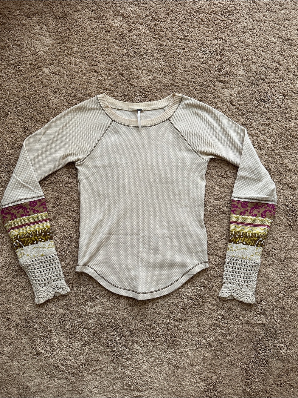 Free People Cream Waffle Crochet Long Sleeve Thermal